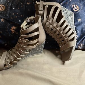 Fergalicious Tan Wedge Shoes with Intricate Design